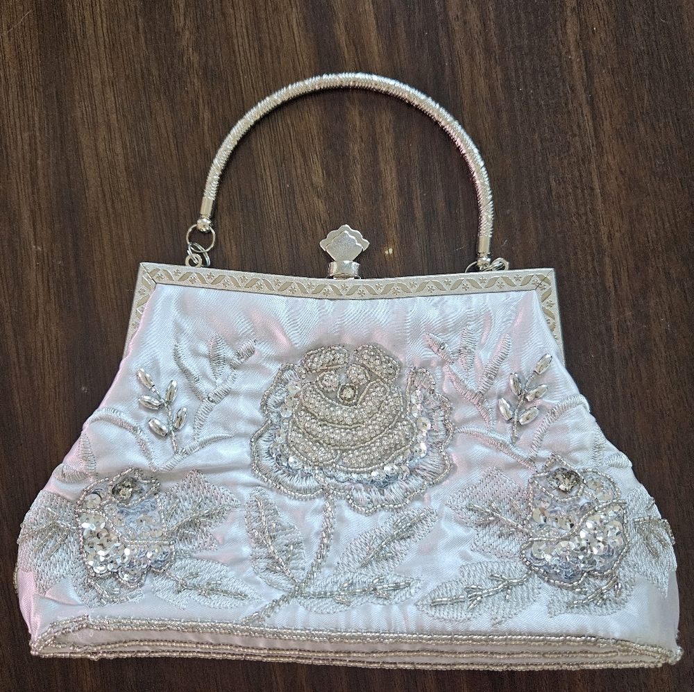 Elegant Silver Embroidered Handbag